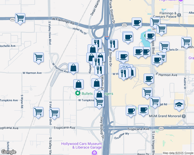 map of restaurants, bars, coffee shops, grocery stores, and more near 4525 Dean Martin Drive in Las Vegas