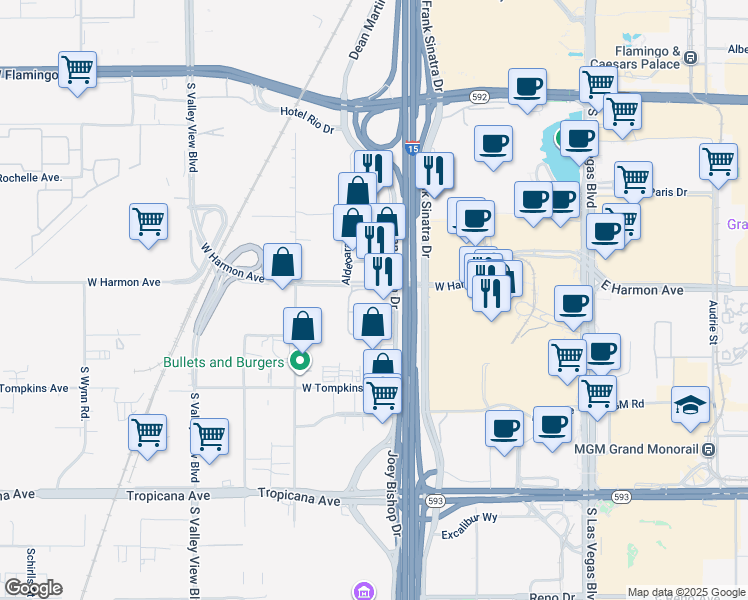 map of restaurants, bars, coffee shops, grocery stores, and more near 4525 Dean Martin Drive in Las Vegas