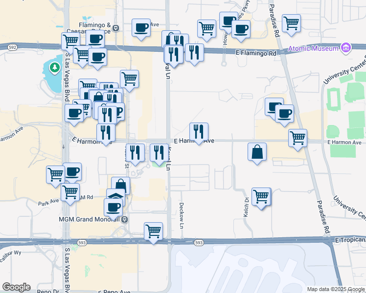 map of restaurants, bars, coffee shops, grocery stores, and more near 224 East Harmon Avenue in Las Vegas