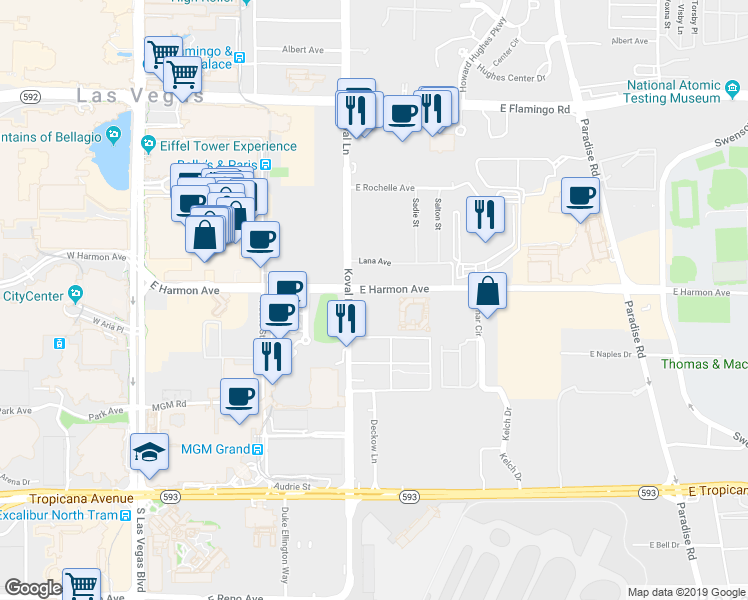 map of restaurants, bars, coffee shops, grocery stores, and more near 224 East Harmon Avenue in Las Vegas