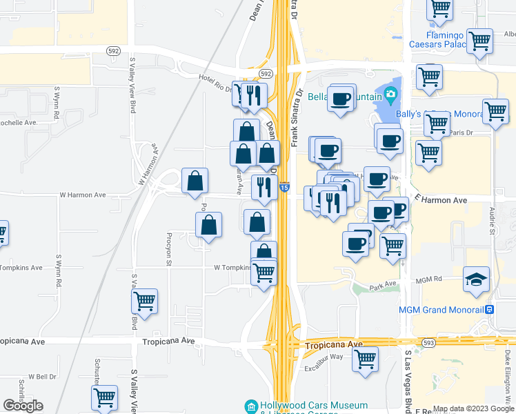 map of restaurants, bars, coffee shops, grocery stores, and more near 3801 Dean Martin Drive in Las Vegas