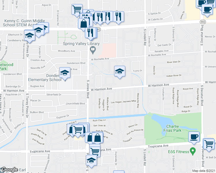 map of restaurants, bars, coffee shops, grocery stores, and more near 5870 West Harmon Avenue in Las Vegas