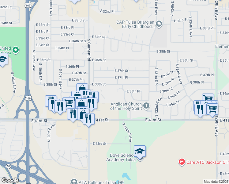 map of restaurants, bars, coffee shops, grocery stores, and more near in Tulsa