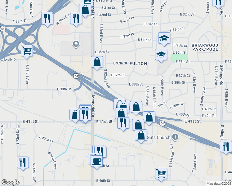map of restaurants, bars, coffee shops, grocery stores, and more near 3831 South 82nd East Avenue in Tulsa