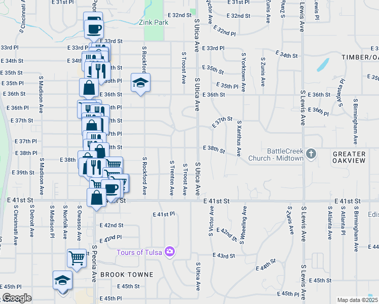 map of restaurants, bars, coffee shops, grocery stores, and more near 3732 South Utica Avenue in Tulsa