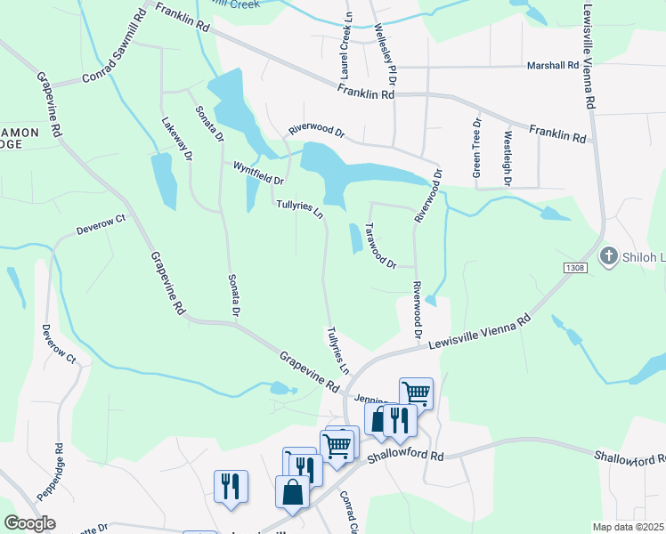 map of restaurants, bars, coffee shops, grocery stores, and more near 165 Tullyries Lane in Lewisville