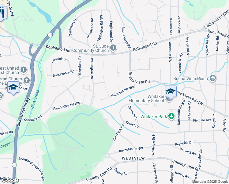 map of restaurants, bars, coffee shops, grocery stores, and more near 2861 Fairmont Road Northwest in Winston-Salem