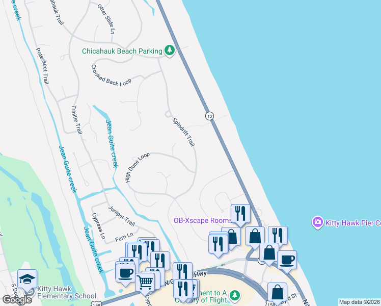 map of restaurants, bars, coffee shops, grocery stores, and more near 56 Spindrift Trail in Kitty Hawk