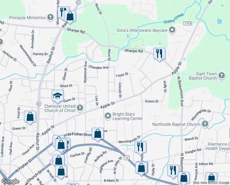 map of restaurants, bars, coffee shops, grocery stores, and more near 1011 Bennett Street in Burlington