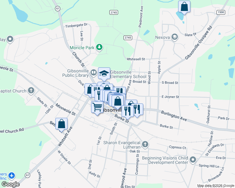 map of restaurants, bars, coffee shops, grocery stores, and more near 221 Piedmont Avenue in Gibsonville
