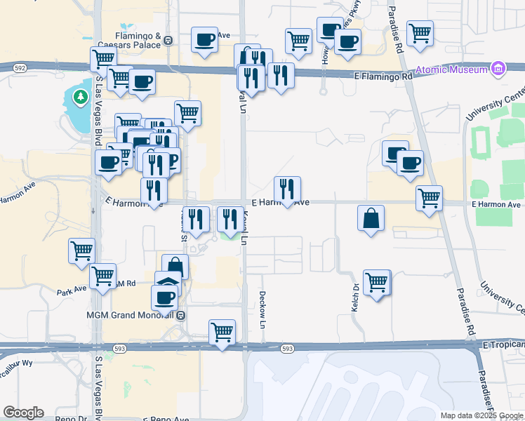 map of restaurants, bars, coffee shops, grocery stores, and more near 205 East Harmon Avenue in Las Vegas