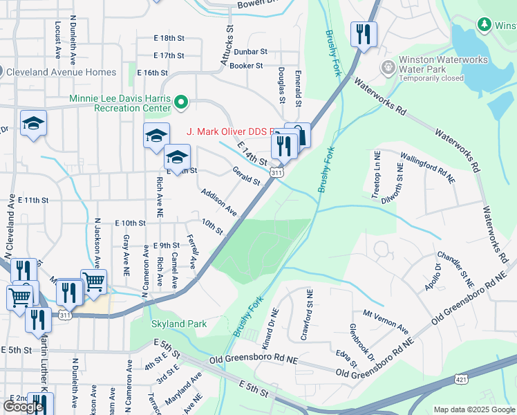map of restaurants, bars, coffee shops, grocery stores, and more near 2426 New Walkertown Road in Winston-Salem