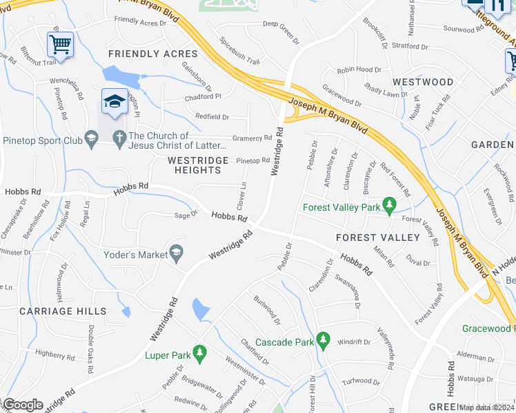 map of restaurants, bars, coffee shops, grocery stores, and more near 1305 Westridge Road in Greensboro