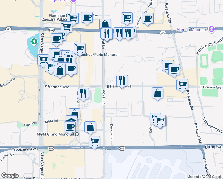 map of restaurants, bars, coffee shops, grocery stores, and more near 224 East Harmon Avenue in Las Vegas