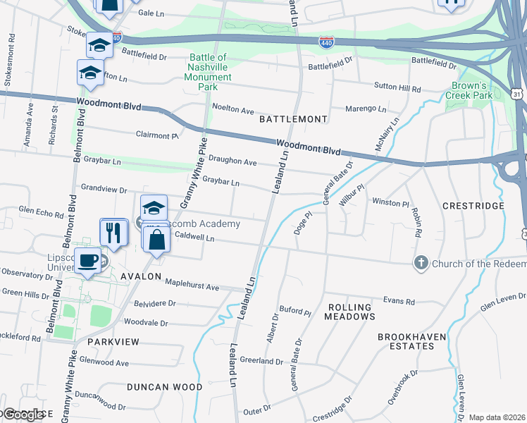 map of restaurants, bars, coffee shops, grocery stores, and more near 3700B Lealand Lane in Nashville