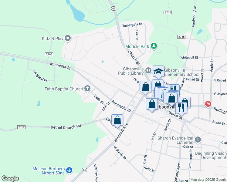 map of restaurants, bars, coffee shops, grocery stores, and more near 300 10th Street in Gibsonville