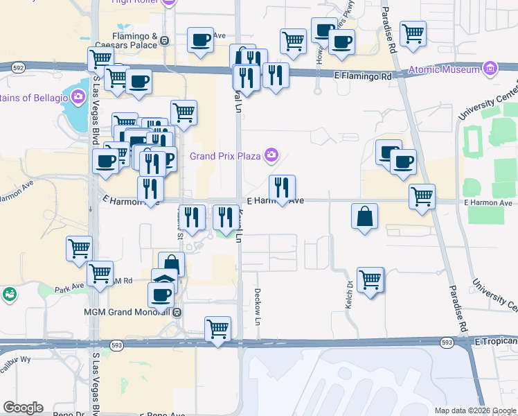 map of restaurants, bars, coffee shops, grocery stores, and more near 205 East Harmon Avenue in Las Vegas