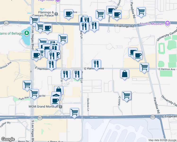 map of restaurants, bars, coffee shops, grocery stores, and more near 224 East Harmon Avenue in Las Vegas