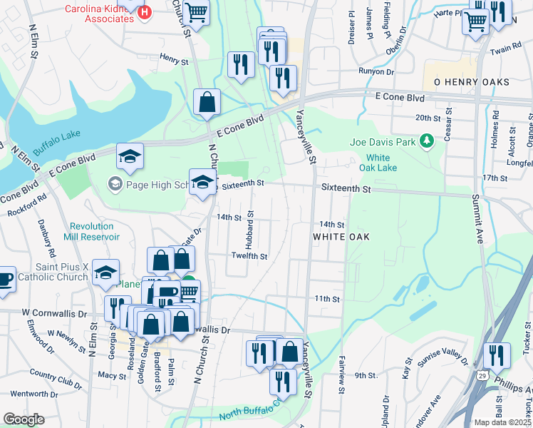 map of restaurants, bars, coffee shops, grocery stores, and more near 2503 Cypress Street in Greensboro