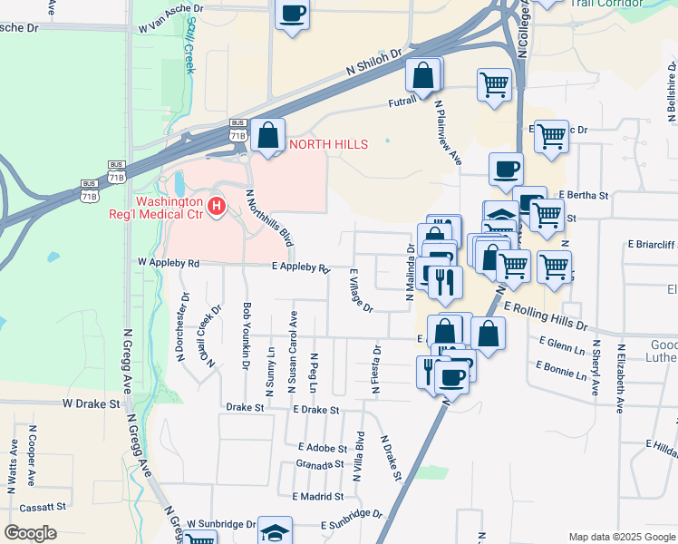 map of restaurants, bars, coffee shops, grocery stores, and more near 217 East Jason Drive in Fayetteville