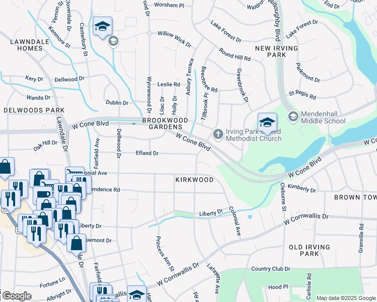 map of restaurants, bars, coffee shops, grocery stores, and more near 1606 Efland Drive in Greensboro