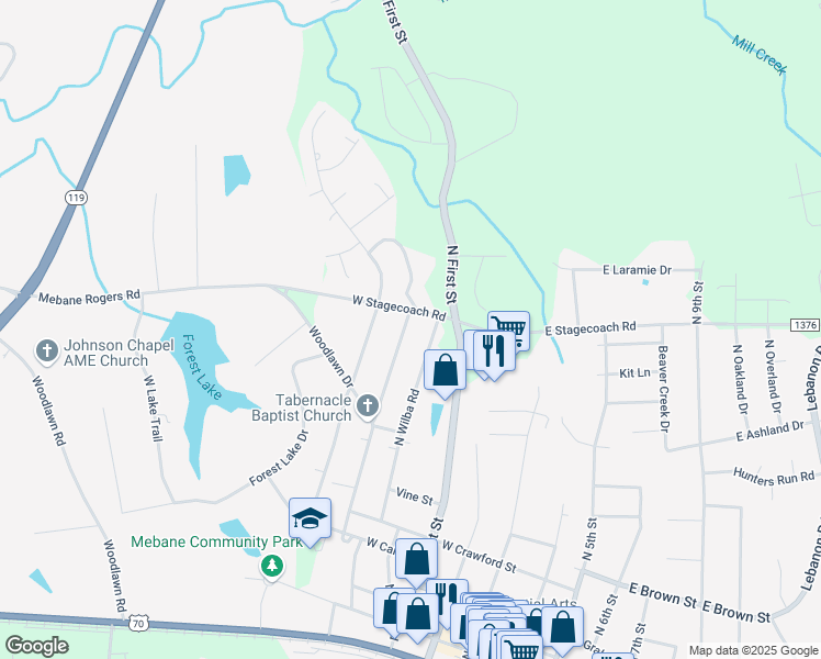 map of restaurants, bars, coffee shops, grocery stores, and more near 624 North Charles Street in Mebane