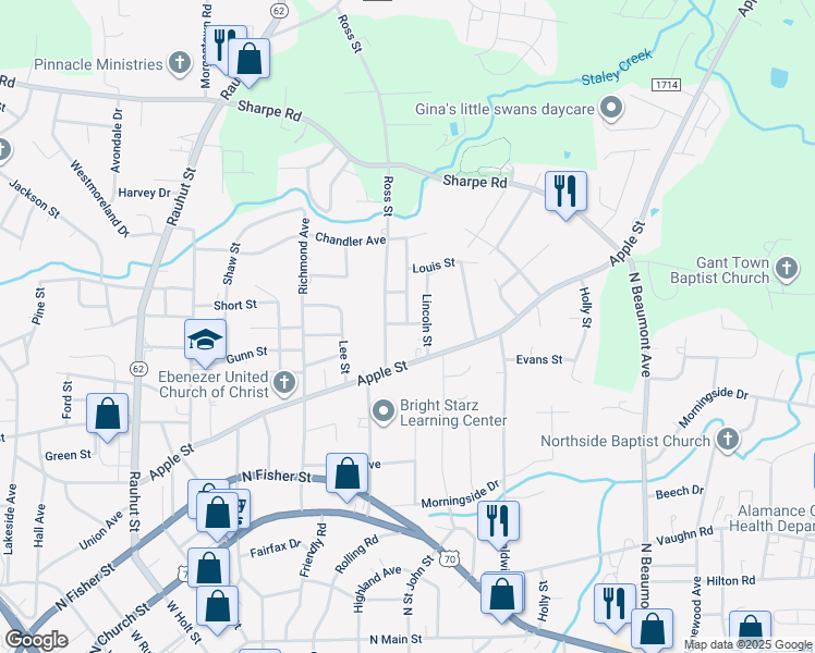 map of restaurants, bars, coffee shops, grocery stores, and more near 1011 Bennett Street in Burlington