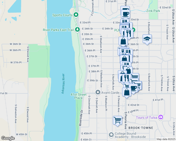 map of restaurants, bars, coffee shops, grocery stores, and more near 914 East 37th Place in Tulsa