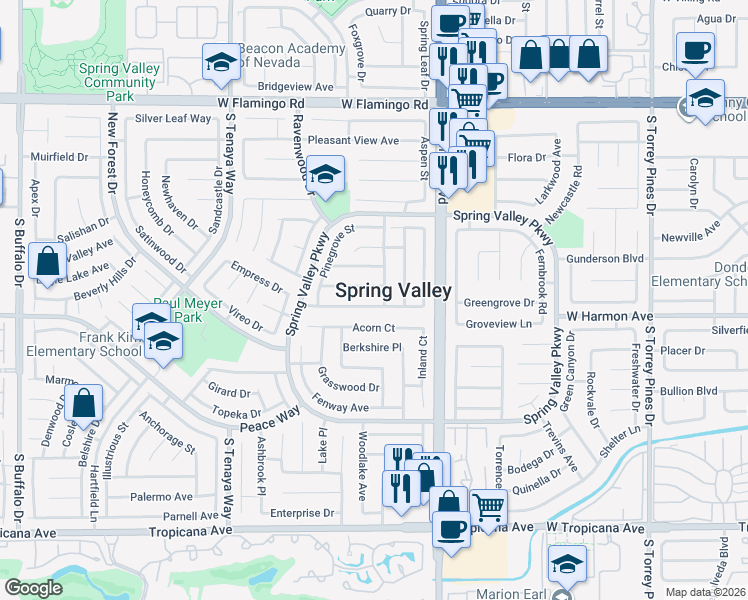 map of restaurants, bars, coffee shops, grocery stores, and more near 7073 Sprucewood Street in Las Vegas