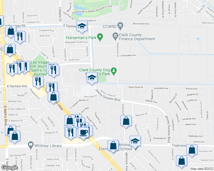 map of restaurants, bars, coffee shops, grocery stores, and more near 5696 East Park City Avenue in Las Vegas