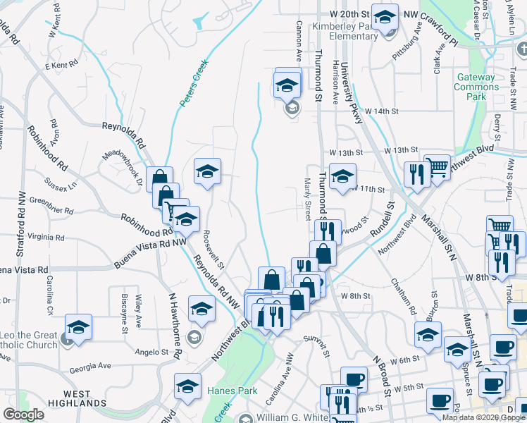 map of restaurants, bars, coffee shops, grocery stores, and more near 2021 Row Street in Winston-Salem