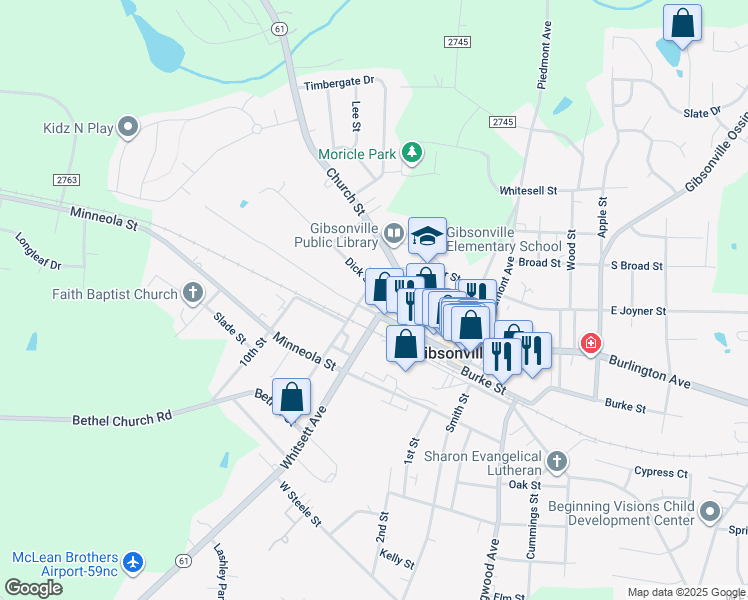 map of restaurants, bars, coffee shops, grocery stores, and more near 406 Little Avenue in Gibsonville