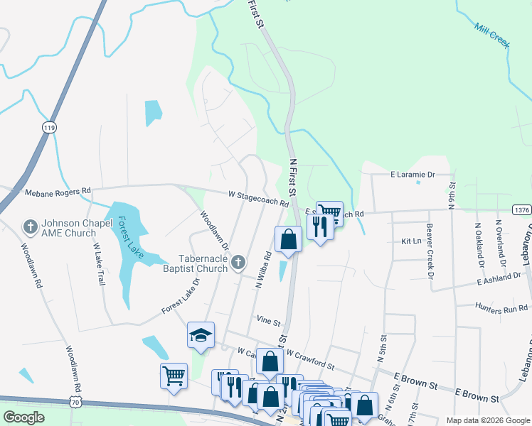 map of restaurants, bars, coffee shops, grocery stores, and more near 623 North Charles Street in Mebane