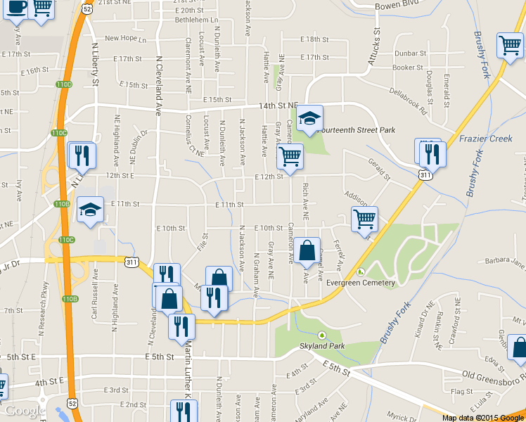 map of restaurants, bars, coffee shops, grocery stores, and more near 1608 East 11th Street in Winston-Salem