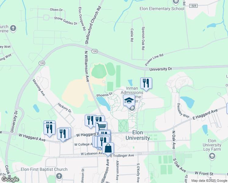 map of restaurants, bars, coffee shops, grocery stores, and more near Phoenix Drive in Elon