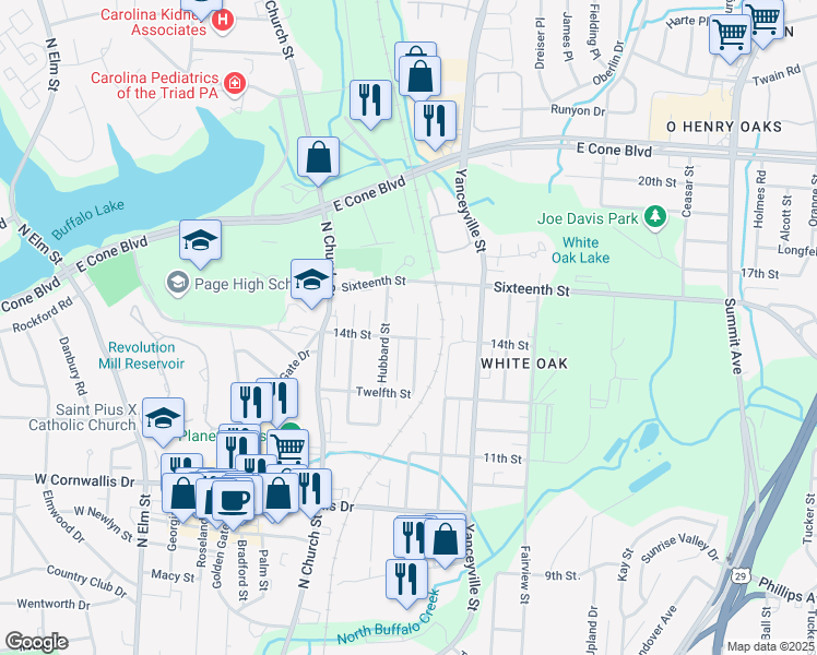 map of restaurants, bars, coffee shops, grocery stores, and more near 2503 Cypress Street in Greensboro