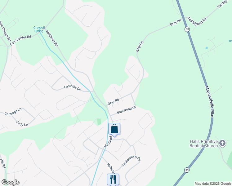 map of restaurants, bars, coffee shops, grocery stores, and more near 4701 Gray Road in Knoxville