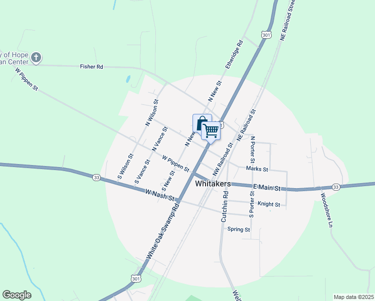 map of restaurants, bars, coffee shops, grocery stores, and more near 107 North New Street in Whitakers