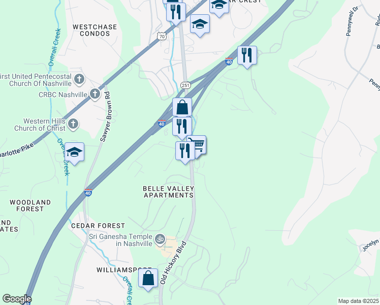map of restaurants, bars, coffee shops, grocery stores, and more near 618 Old Hickory Boulevard in Nashville