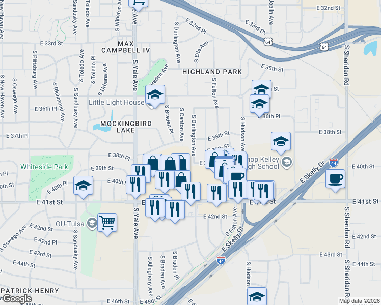 map of restaurants, bars, coffee shops, grocery stores, and more near 3814 South Darlington Avenue in Tulsa