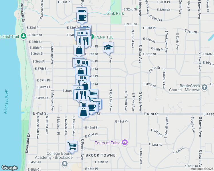 map of restaurants, bars, coffee shops, grocery stores, and more near 3744 South Rockford Avenue in Tulsa