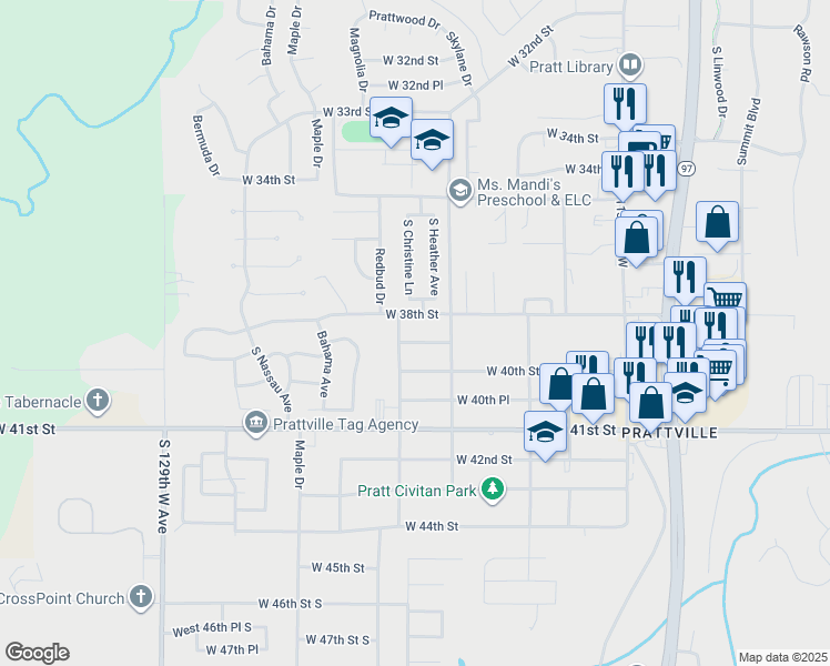 map of restaurants, bars, coffee shops, grocery stores, and more near 316 West 38th Street in Sand Springs