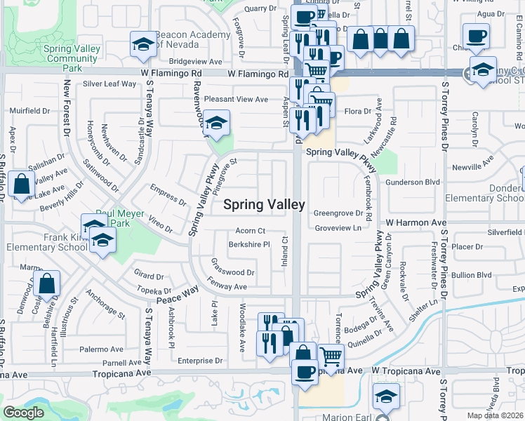 map of restaurants, bars, coffee shops, grocery stores, and more near in Spring Valley