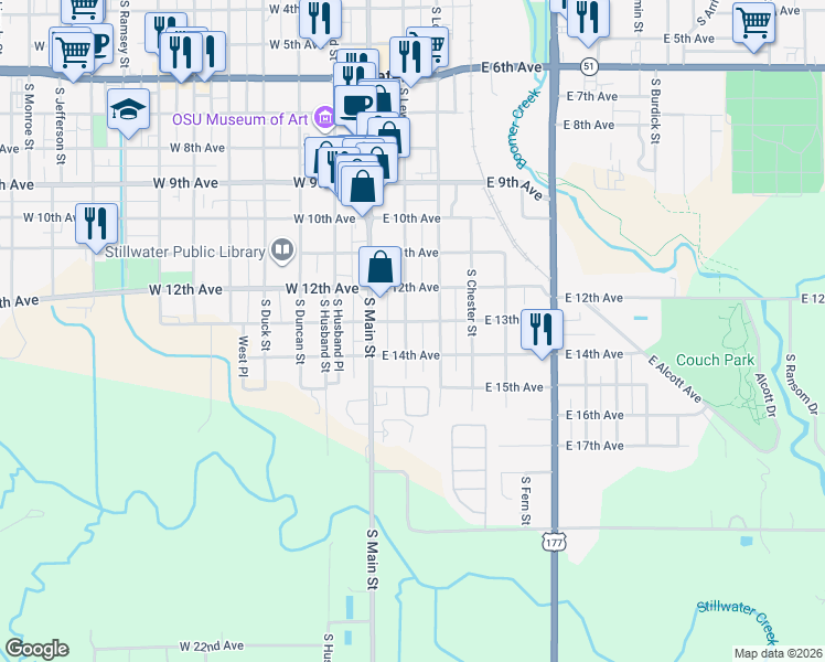 map of restaurants, bars, coffee shops, grocery stores, and more near 151-199 E 13th Ave in Stillwater