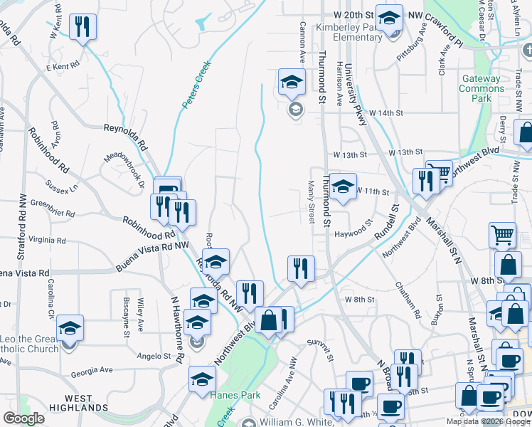 map of restaurants, bars, coffee shops, grocery stores, and more near 2021 Row Street in Winston-Salem