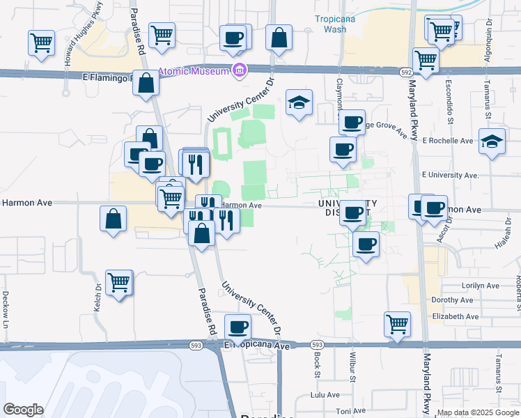 map of restaurants, bars, coffee shops, grocery stores, and more near 771 East Harmon Avenue in Las Vegas