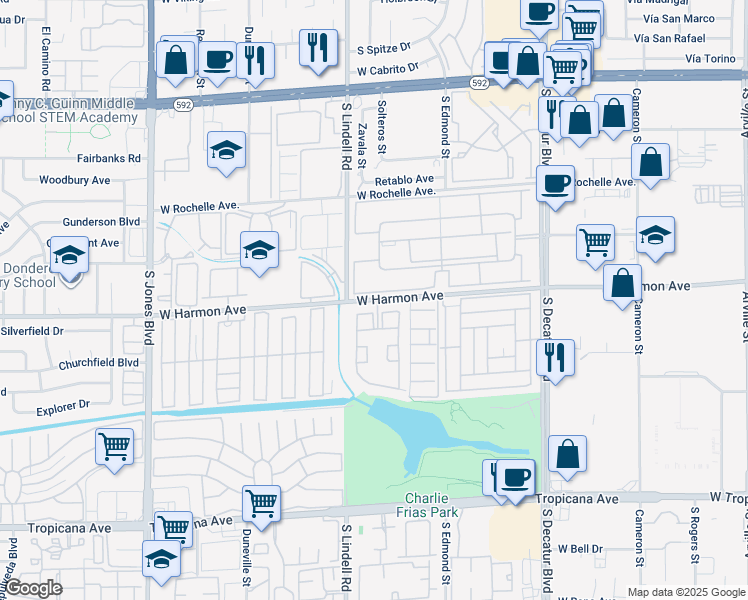 map of restaurants, bars, coffee shops, grocery stores, and more near 5414 West Harmon Avenue in Las Vegas