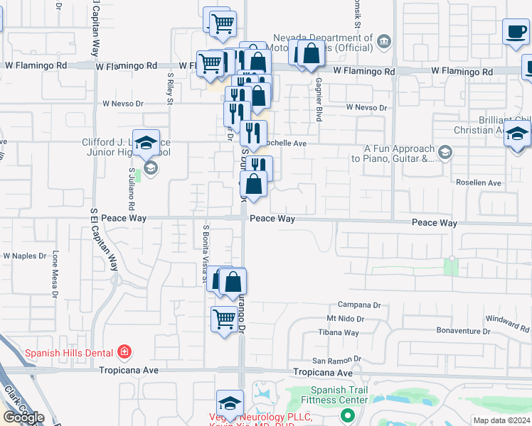 map of restaurants, bars, coffee shops, grocery stores, and more near 8501 West University Avenue in Las Vegas