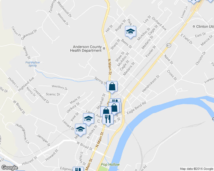 map of restaurants, bars, coffee shops, grocery stores, and more near 500 North Main Street in Clinton