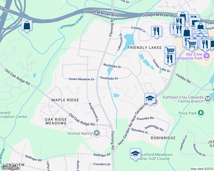 map of restaurants, bars, coffee shops, grocery stores, and more near 17 Brookway Drive in Greensboro